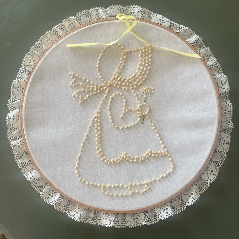 Vintage Lace Embroidery Hoop Art with Yellow Ribbon